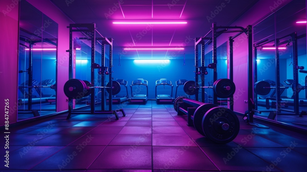 Obraz premium Wide angle photography of an empty modern gym room interior full of weights, bars and racks. Strong artificial purple lighting illuminating the room, nighttime shadows, no people, nobody