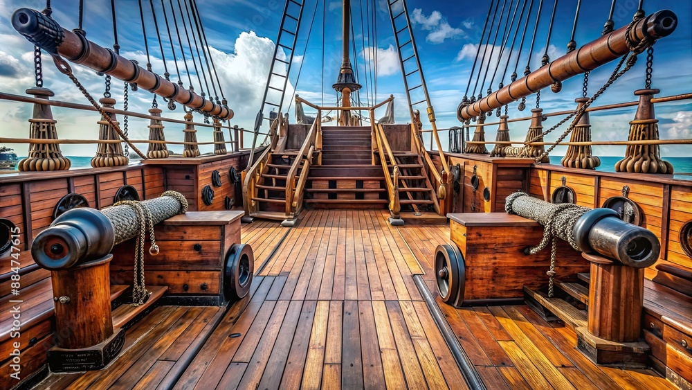 Naklejka premium Pirate ship deck with stairs leading to cannons, pirate ship, deck, stairs, cannons, pirate, ship, wooden, vintage, nautical
