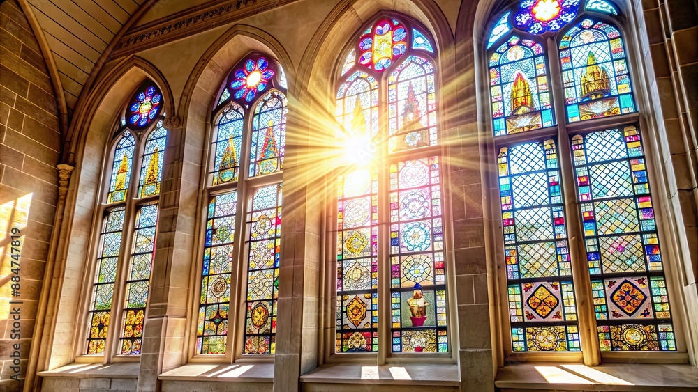 Sunlight streaming through colorful stained glass windows in church, sun rays, stained glass, church, colorful Sunlight streaming through colorful stained glass windows in church, sun rays, stained glass, church, colorful