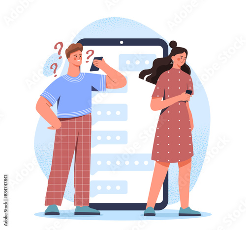 Man ignores woman. Young guy with phone does not notice young girl. Problems in relationships. Boyfriend read messages in social networks. Flat vector illustration isolated on white background