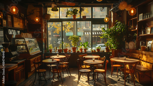 Bright urban cafe featuring wooden tables  comfortable chairs  large windows  and an inviting atmosphere with plenty of natural light.