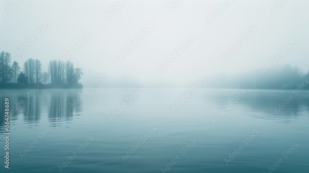 Fototapeta premium A serene misty lake with calm reflections of trees and a tranquil atmosphere, evoking peace and solitude.
