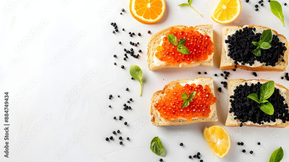Sandwiches with red and black caviar , on white background Sandwiches with red and black caviar , on white background