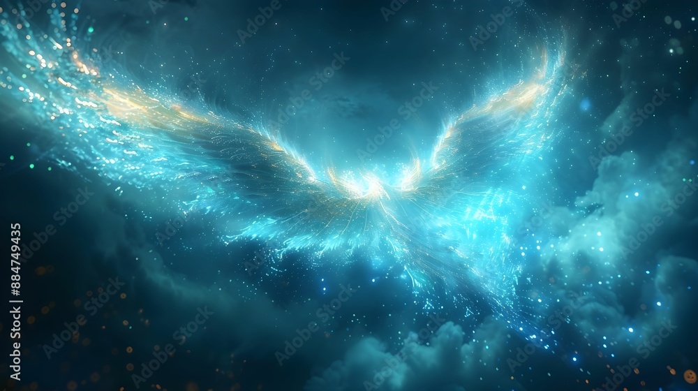 Back muscles reimagined as elegant wings made of light, spreading out against a backdrop of a starry sky elegant, wings, and light. Back muscles reimagined as elegant wings made of light, spreading out against a backdrop of a starry sky elegant, wings, and light.