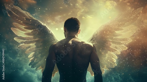 Back muscles reimagined as elegant wings made of light, spreading out against a backdrop of a starry sky elegant, wings, and light.