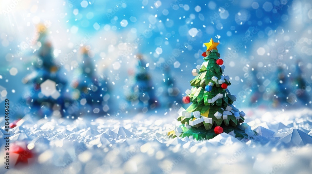A beautifully decorated Christmas tree stands in a snowy winter landscape with falling snowflakes and blurred background trees. A beautifully decorated Christmas tree stands in a snowy winter landscape with falling snowflakes and blurred background trees.