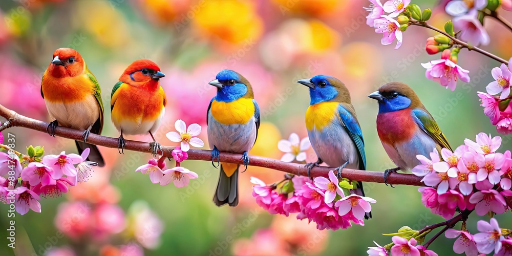Obraz premium Vibrant springtime scene with colorful birds perched on blooming flowers , spring, birds, flowers, vibrant, colorful