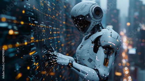 Futuristic robot silhouette intertwined with smart city infrastructure and transportation networks