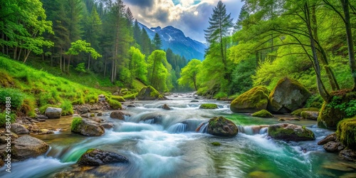Fototapeta Naklejka Na Ścianę i Meble -  Crystal clear mountain spring flowing through lush green forest , Nature, water, fresh, clean, pure, stream, waterfall