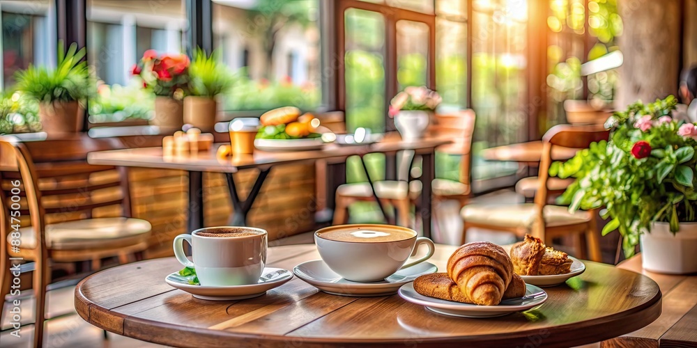 Breakfast with coffee in a cozy cafe setting, morning, meal, coffee cup, plate, food, drink, table, bakery, croissant Breakfast with coffee in a cozy cafe setting, morning, meal, coffee cup, plate, food, drink, table, bakery, croissant