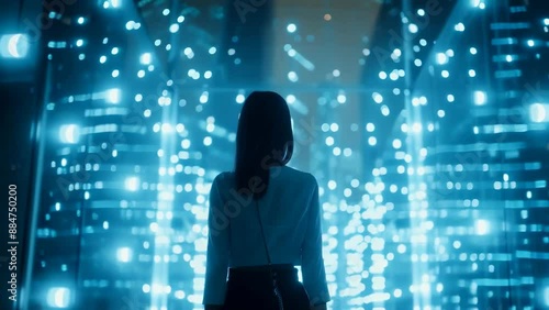 Wallpaper Mural A young Asian woman, dressed in a white long-sleeved shirt and black skirt, stands amidst a mesmerizing display of blue lights. The scene is set at night, evoking a futuristic and reflective mood. Torontodigital.ca