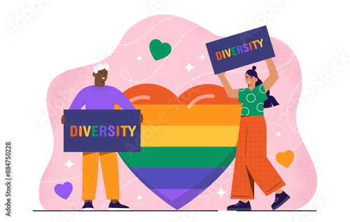 LGBT community concept. Man and woman with rainbow heart. Support for homosexuals and transgender people. Tolerance and unity, respect. Flat vector illustration isolated on white background