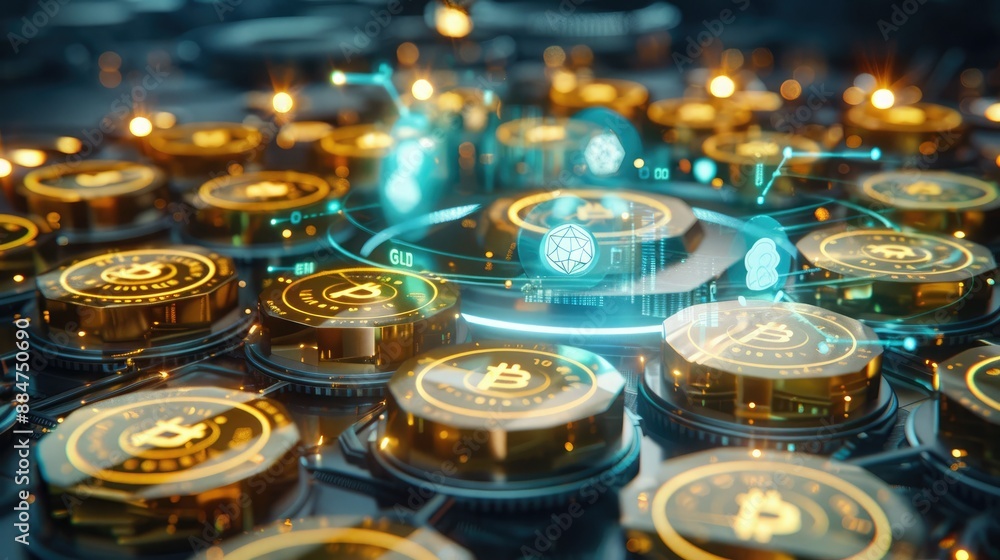 Close-up of futuristic digital cryptocurrency coins with glowing network connections, showcasing blockchain technology and financial innovation. Close-up of futuristic digital cryptocurrency coins with glowing network connections, showcasing blockchain technology and financial innovation.