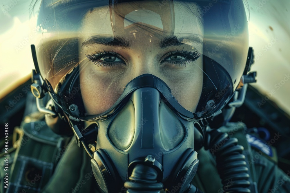 Closeup portrait of a woman pilot wearing a helmet and oxygen mask against a sunset Closeup portrait of a woman pilot wearing a helmet and oxygen mask against a sunset