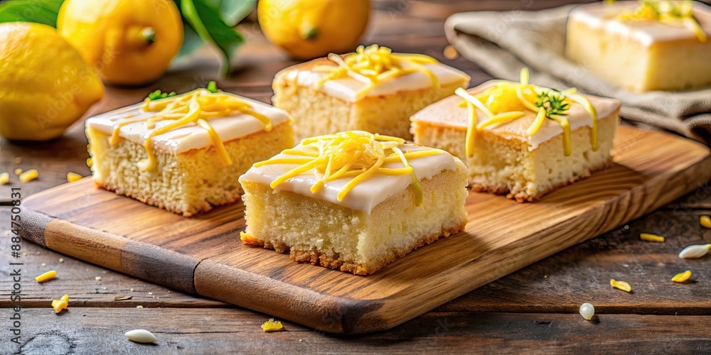 Homemade lemon brownies drizzled with lemon glaze and topped with lemon zest on a rustic cutting board , dessert, baking Homemade lemon brownies drizzled with lemon glaze and topped with lemon zest on a rustic cutting board , dessert, baking