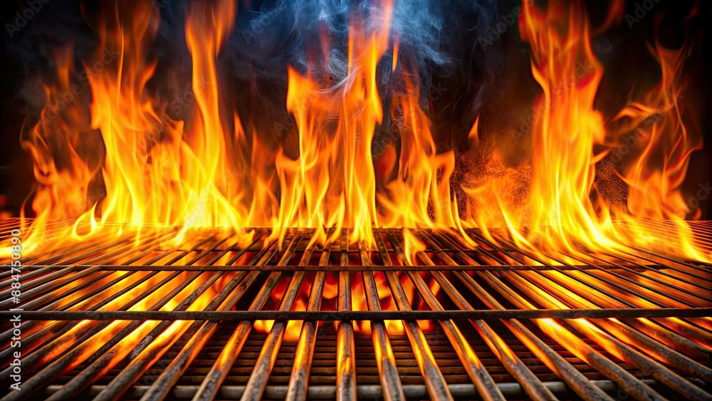 Empty flaming grill grates with open fire, ready for product placement. Background for grilled food with fire, BBQ, grilling Empty flaming grill grates with open fire, ready for product placement. Background for grilled food with fire, BBQ, grilling