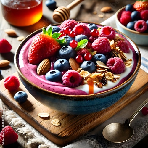 Summer Berry Smoothie Bowl: A refreshing blend of mixed berries, yogurt, and granola topped with fresh berries, sliced almonds, and a drizzle of hone