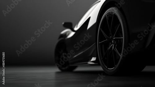 Close-up of a sleek, black luxury sports car wheel and body, showcasing elegant design and high-performance features in a dark setting.