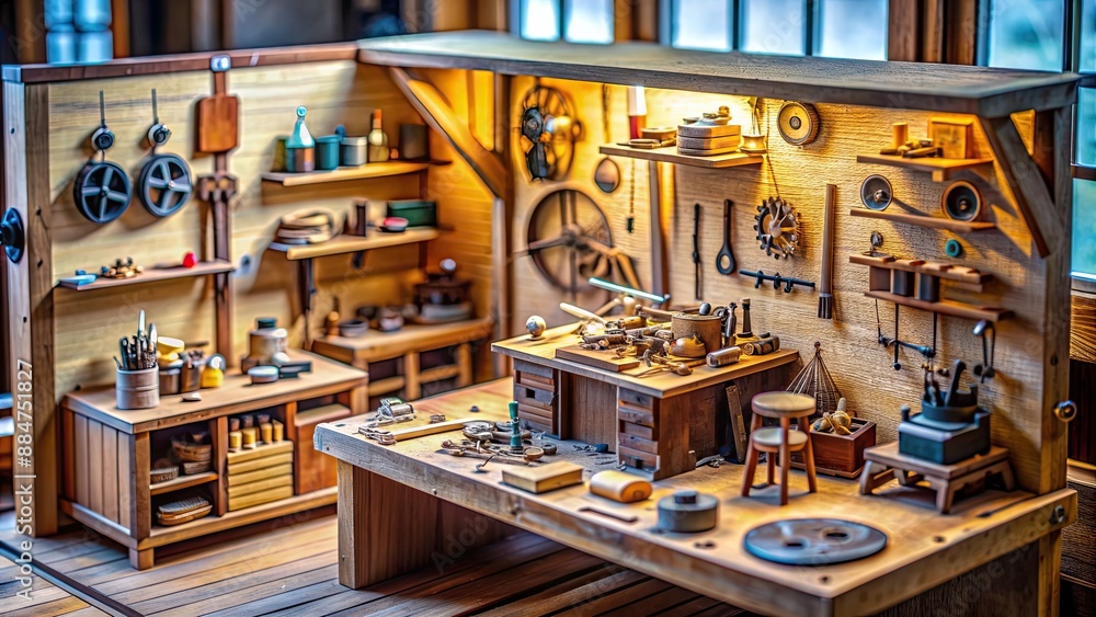 Intricately designed miniature workshop with tiny tools and gears, miniature, workshop, gears, small, tools, detailed Intricately designed miniature workshop with tiny tools and gears, miniature, workshop, gears, small, tools, detailed