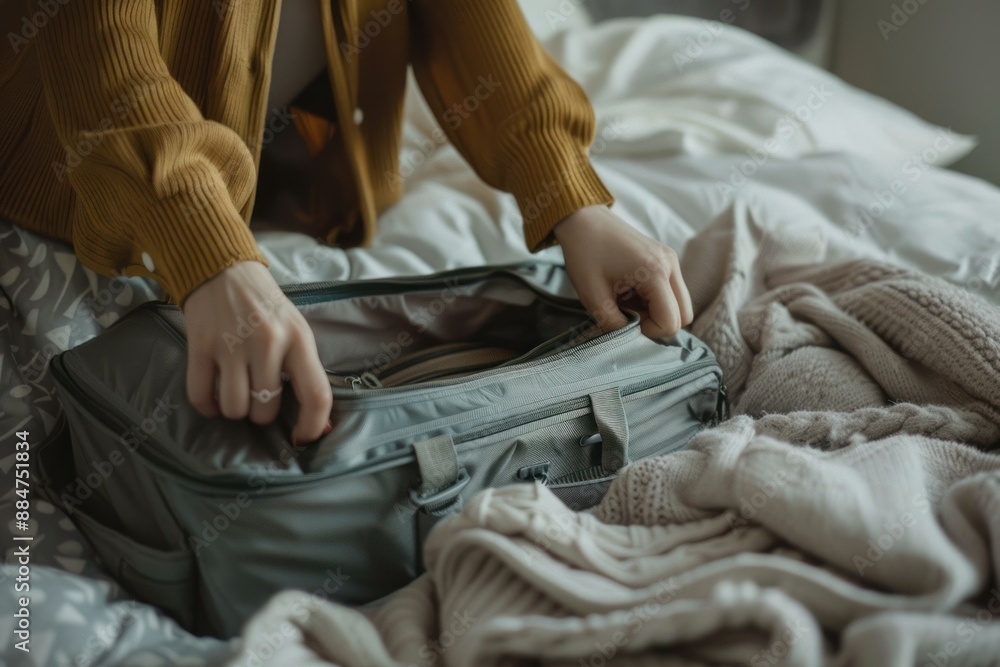 Fototapeta premium Closeup of hands organizing clothing into a travel bag on a cozy bedroom bed