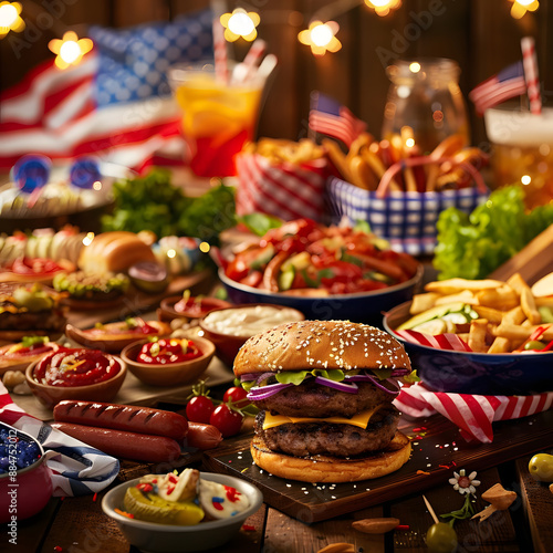 A classic American 4th of July picnic scene, complete with a delicious BBQ spread and patriotic decorations.