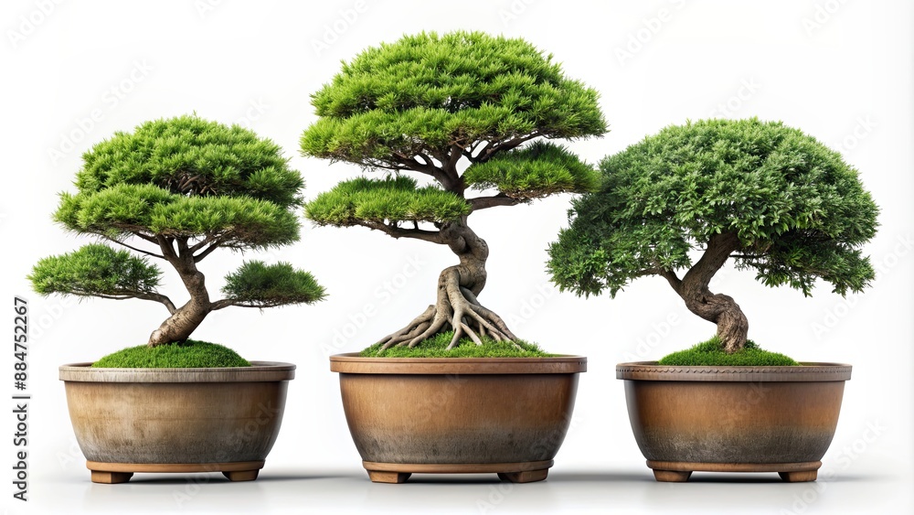 Three isolated potted bonsai trees of unique shapes on background, Bonsai, Trees, Isolated, Trio, Potted plants, Unique shapes Three isolated potted bonsai trees of unique shapes on background, Bonsai, Trees, Isolated, Trio, Potted plants, Unique shapes