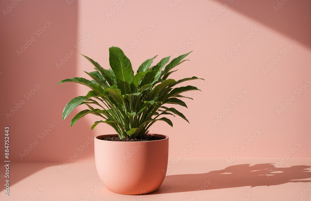beautiful pot of plant in front of pastel pink background sunny lighting beautiful pot of plant in front of pastel pink background sunny lighting