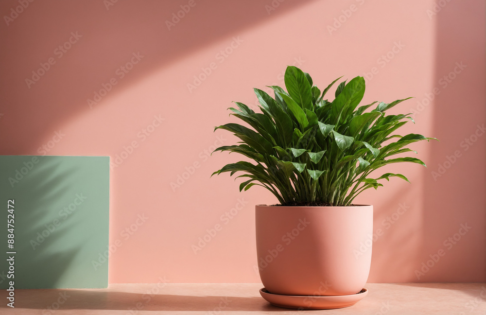 beautiful pot of plant in front of pastel pink background sunny lighting beautiful pot of plant in front of pastel pink background sunny lighting