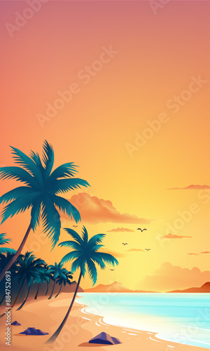 Summer vertical illustration template Beach with palm trees