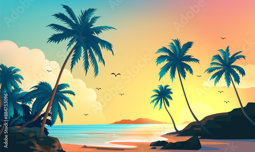 Summer horizonte illustration template Beach with palm trees