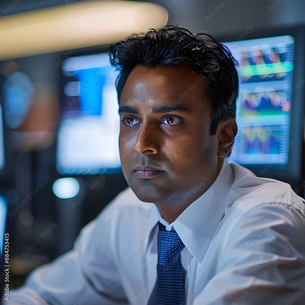 Portrait of a South Asian financial securities trader working on his desktop computer in a modern office, exuding confidence and sophistication. Portrait of a South Asian financial securities trader working on his desktop computer in a modern office, exuding confidence and sophistication.