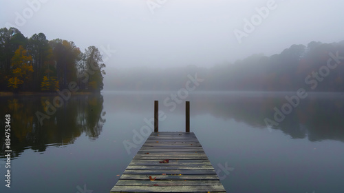 A meditative landscape of a mountain lake viewed from a small boat dock with fog in early spring or autumn. Perfect for screensavers or interior design.