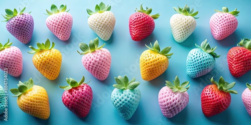 Fototapeta Naklejka Na Ścianę i Meble -  Imaginary strawberries in pink, blue, yellow, and white colors, strawberries, imaginary, creative, colorful, vibrant, fruits