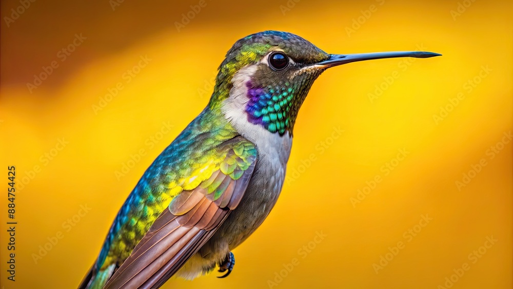 Fototapeta premium Close-up view of a hummingbird on a vibrant yellow background, hummingbird, close-up, frontal view, bird, wildlife, colorful