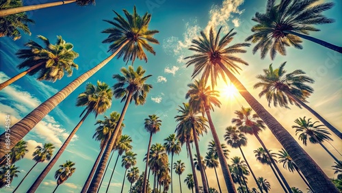 Low angle shot of Los Angeles palm trees against a sunny sky with a vintage tone, Los Angeles, palm trees, sunny, sky