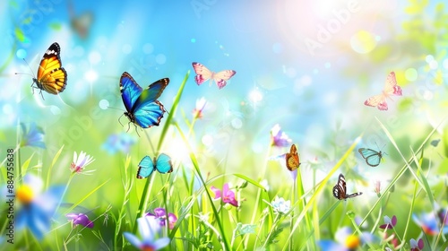 Butterflies flying over grass and flowers nature abstract background