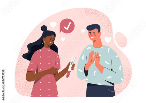 Positive pregnancy test. Woman shows man pregnancy test. Happy future parents. Pregnant girl with boyfriend. Fertility and ovulation. Flat vector illustration isolated on white background