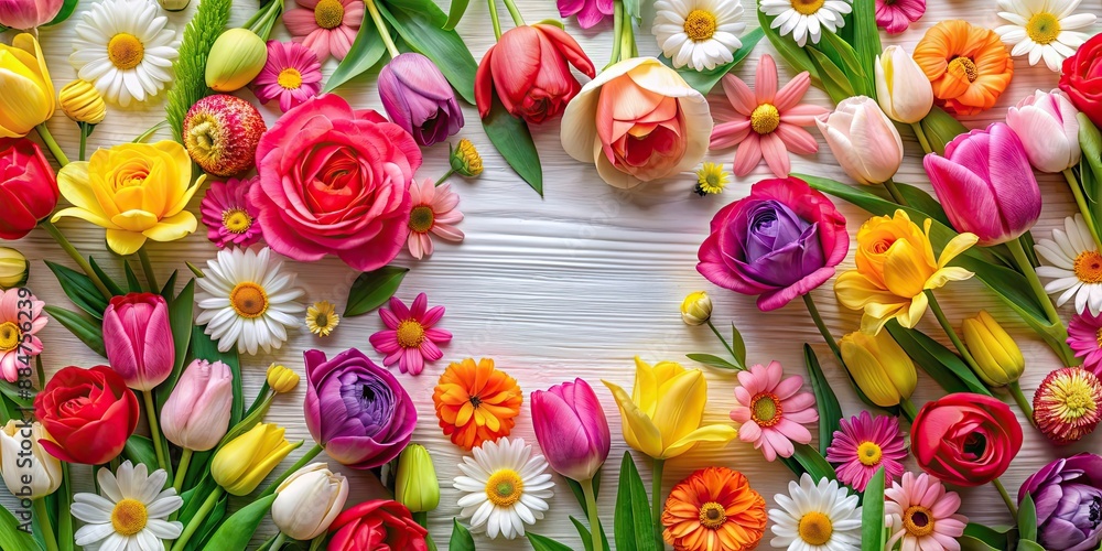 Fototapeta premium Colorful and vibrant floral pattern with roses, daisies, and tulips, flowers, botanical, nature, vibrant, colorful, seamless