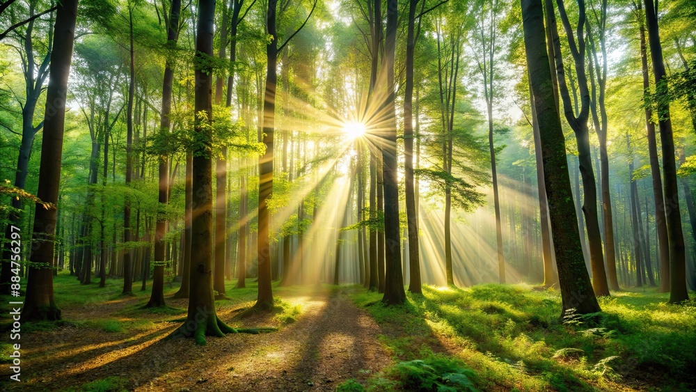 Sunlight streaming through dense forest trees, sunny, nature, forest, foliage, trees, golden, rays, sunlight, beam, warm Sunlight streaming through dense forest trees, sunny, nature, forest, foliage, trees, golden, rays, sunlight, beam, warm