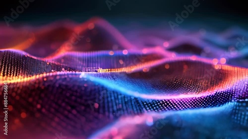 Colorful abstract digital waveform featuring glowing dots in vibrant hues, illustrating technology and data visualization concepts.
