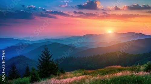 Stunning mountain sunset, HDR image capturing the beauty of nature with dramatic hues.