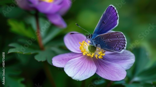 Stunning purple blue butterfly on anemone flower, macro close-up capturing spring forest beauty.
