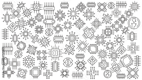 set of chip component doodle line icon patterns. Icon set editable stroke in trendy style