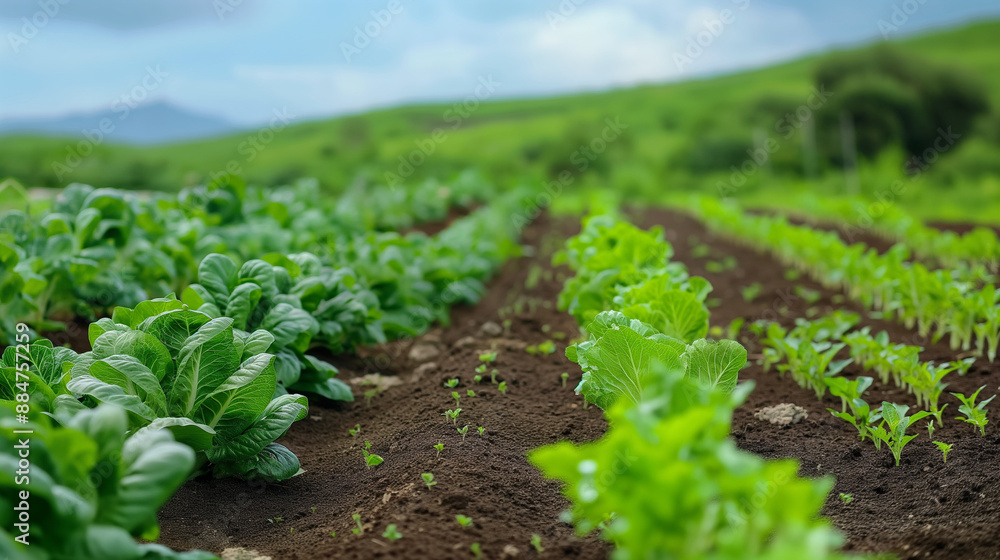 Vegetable Garden A lush vegetable garden with rows of growing vegetables such as lettuce, tomatoes, cucumbers, and beans, highlighting home gardening Vegetable Garden A lush vegetable garden with rows of growing vegetables such as lettuce, tomatoes, cucumbers, and beans, highlighting home gardening
