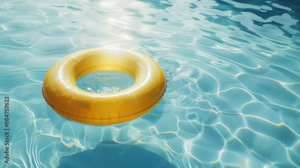 Yellow pool float ring in a serene blue swimming pool, capturing the essence of a sunny day. Yellow pool float ring in a serene blue swimming pool, capturing the essence of a sunny day.