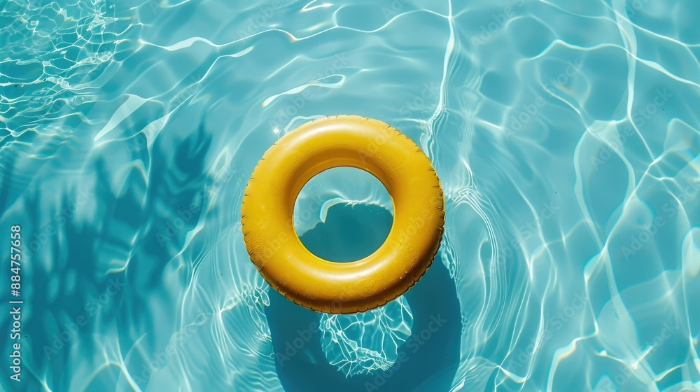Yellow pool ring floating in a clear blue swimming pool, inviting a relaxing and refreshing swim. Yellow pool ring floating in a clear blue swimming pool, inviting a relaxing and refreshing swim.