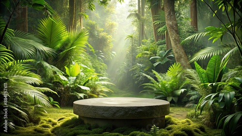 Stone podium in jungle forest surrounded by lush greenery for product presentations, jungle, forest