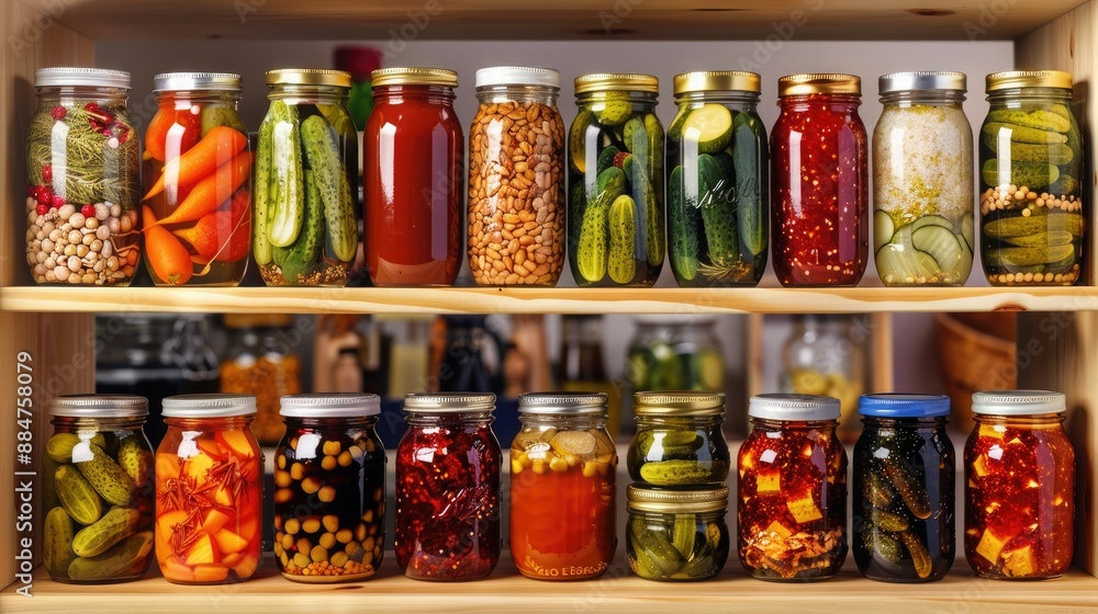 Assorted jars of pickled vegetables and preserves neatly arranged on wooden shelves in a home pantry. Assorted jars of pickled vegetables and preserves neatly arranged on wooden shelves in a home pantry.