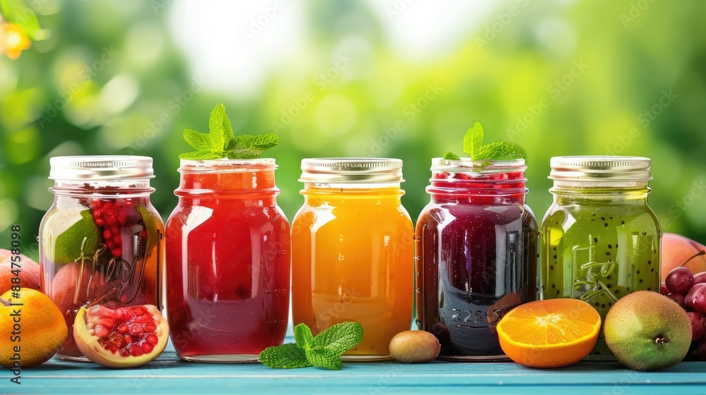 Colorful jars filled with refreshing fruit juices, surrounded by fresh fruits, on a vibrant outdoor background. Colorful jars filled with refreshing fruit juices, surrounded by fresh fruits, on a vibrant outdoor background.