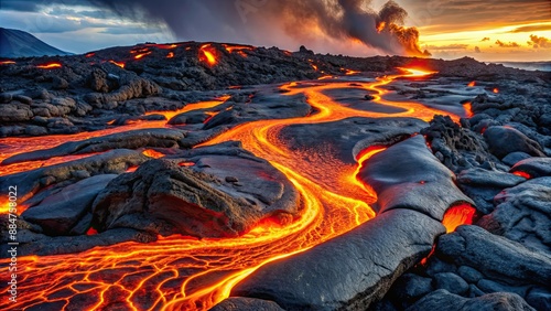 Bright molten lava flowing on rough volcanic rock , volcanic, lava, flow, hot, heat, red, orange, glowing, erupting, dangerous